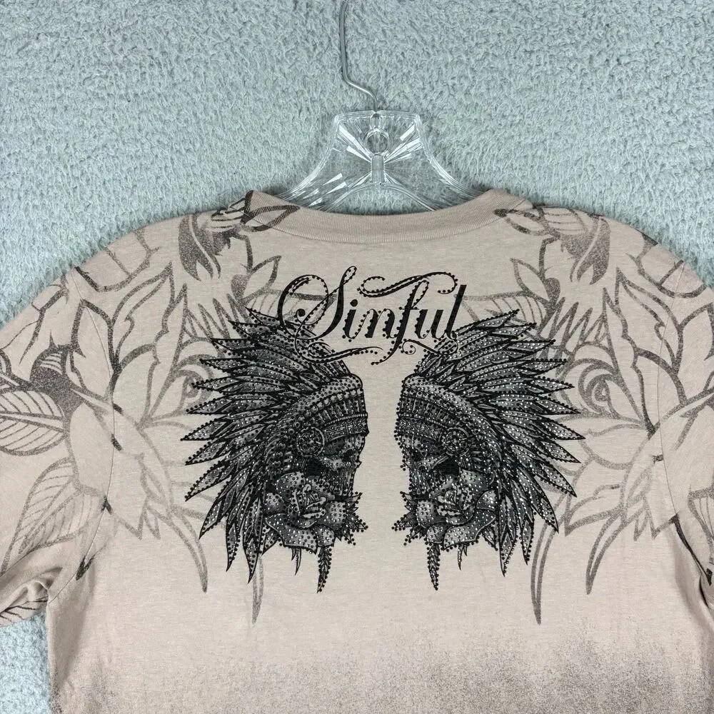 Sinful Affliction Cropped Top Women's XL Beige Thunder Sky Rhinestone Grunge